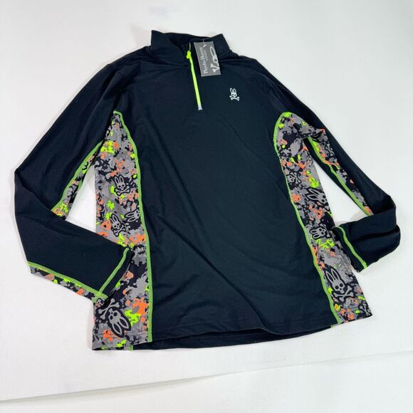 NWT Psycho Bunny Sweatshirt Mens Medium Black 1/4 Zip Performance Pullover - Picture 1 of 10